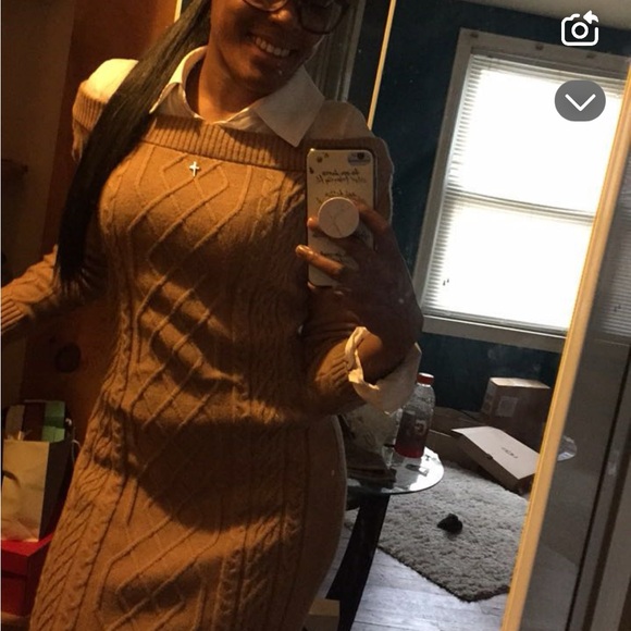 Tan and white New York and Company dress. It’s a sweater dress work shirt combo. - Picture 2 of 2